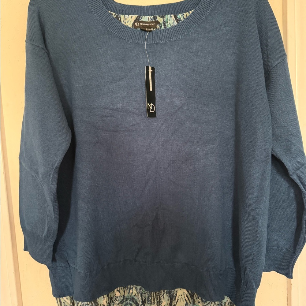 Women's New Directions Night Blue Long Sleeve FlyAway Back Pullover Top Sz S